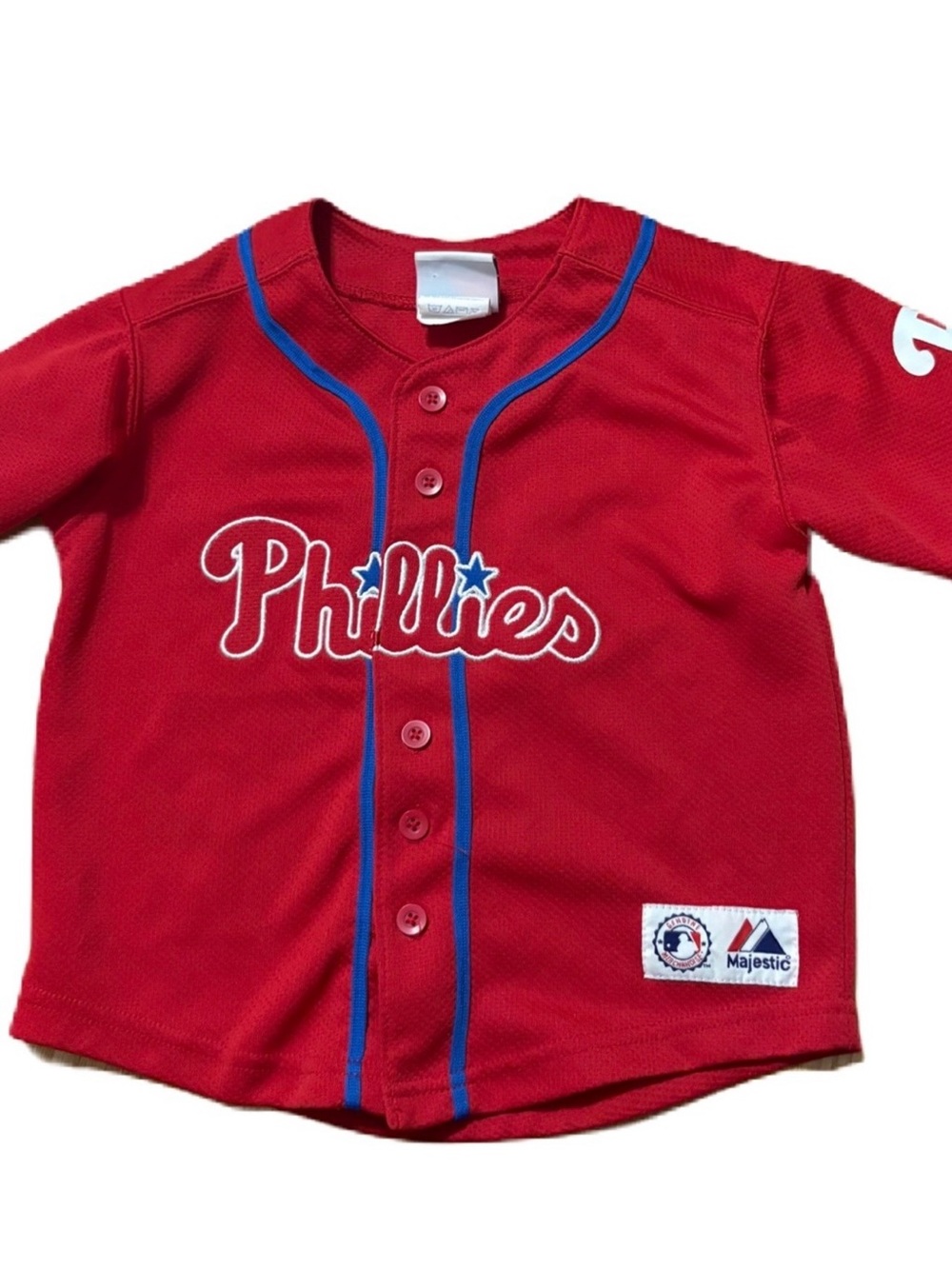 Majestic Red Phillies Kids Button-Up Jersey with Blue Piping